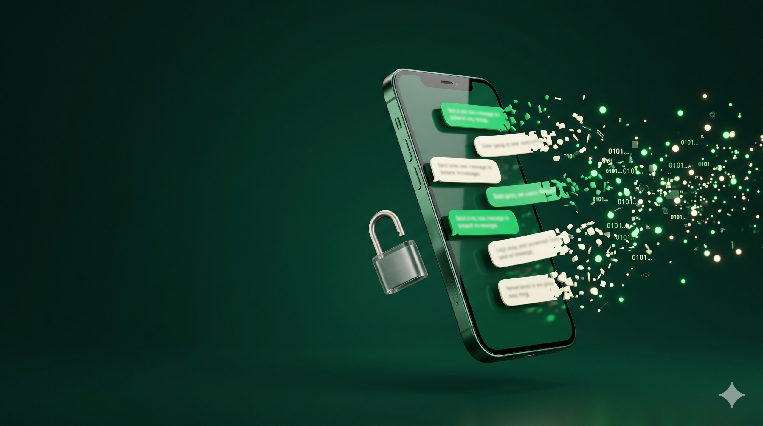 Smartphone affichant des messages WhatsApp qui se dispersent en données binaires, avec un cadenas ouvert, symbolisant les risques RGPD en structure médico-sociale